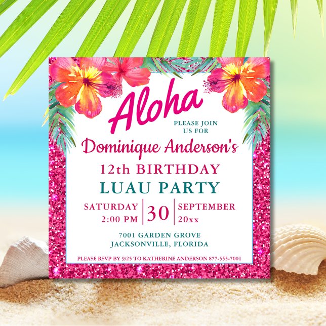 Aloha Luau Rosa Glitter Tropical Square Version 2 (Skapare uppladdad)