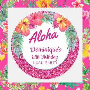 Aloha Luau Rosa Glitter Tropisk Hibiskus Runt Klistermärke