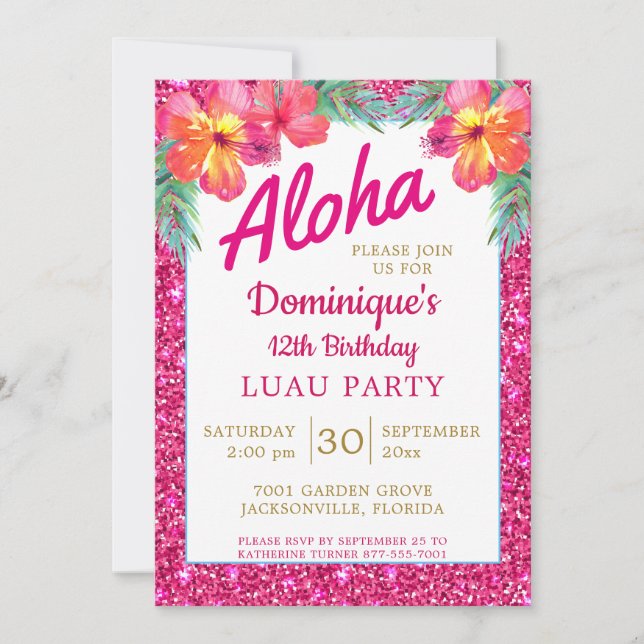 Aloha Luau Rosa Glitter Tropiska Hibicus Inbjudningar (Framsida)