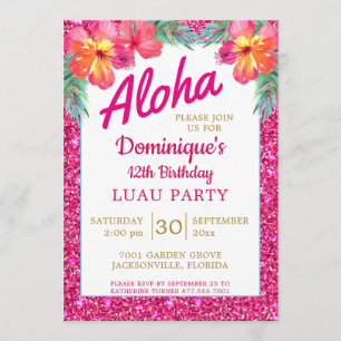 Aloha Luau Rosa Glitter Tropiska Hibicus Inbjudningar