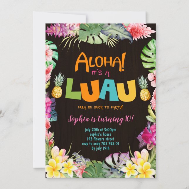 Aloha Luau Rustic Tropical Summer Girl Birthday Inbjudningar (Framsida)