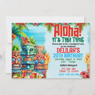 Aloha Luau Tiki Födelsedagsfest Inbjudningar