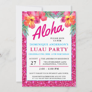 Aloha Luau Tropical Hawaiian Rosa Glitter Inbjudningar