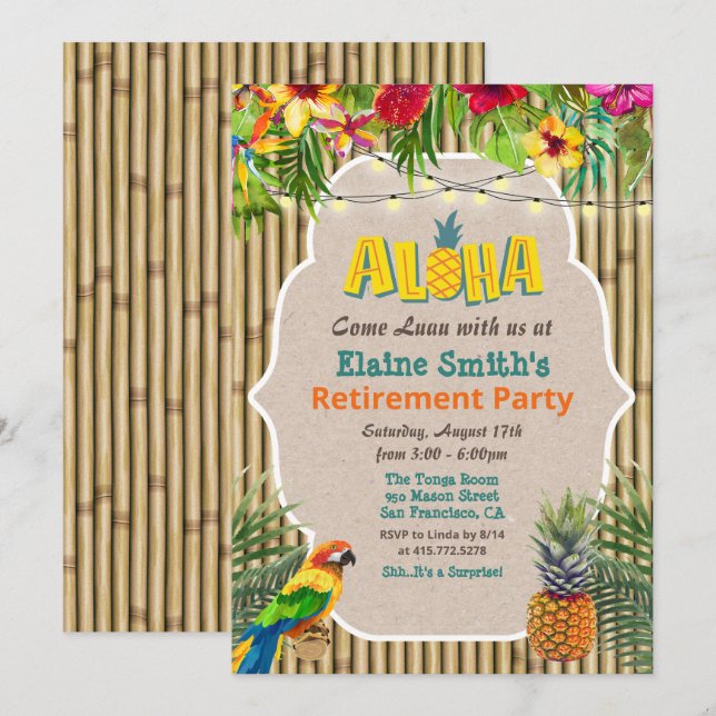 Aloha Luau Tropical Pension-partiets inbjudan (Fram/baksida)