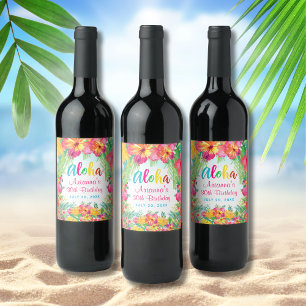 Aloha Luau Tropisk Flamingo Födelsedag Vinflaska Etikett