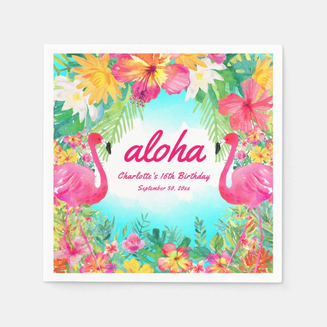 Aloha Luau Tropisk Flamingo Födelsedagsfest Papper Pappersservett (Framsidan)