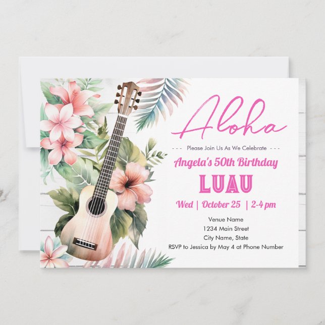 Aloha Luau ukulele 50:e födelsedagen Inbjudningar (Framsida)