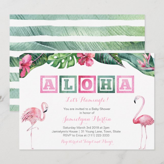 Aloha Lush Tropical Foliage Flamingos Baby Shower Inbjudningar (Fram/baksida)