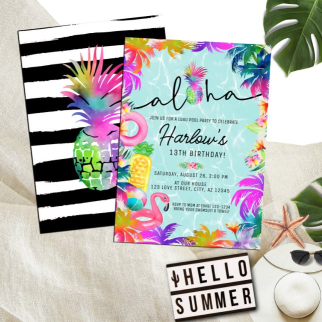 Aloha Neon Tropical Luau Bassäng Party Birthday Inbjudningar (Skapare uppladdad)