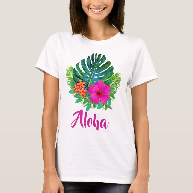 Aloha Oahu Hawaii Tropiskt Blommönster T Shirt (Framsida)