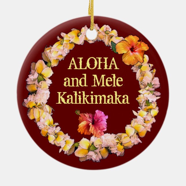 Aloha och Mele Kalikimaka med en Lei Julgransprydnad Keramik (Baksidan)