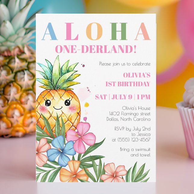 Aloha Onederland Sommaranas 1:a födelsedag Inbjudningar (Aloha Onederland Summer Pineapple 1st Birthday Invitation)