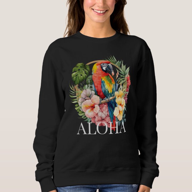 Aloha Parrot Tropical Bird Vacation Beach Flower H T Shirt (Framsida)