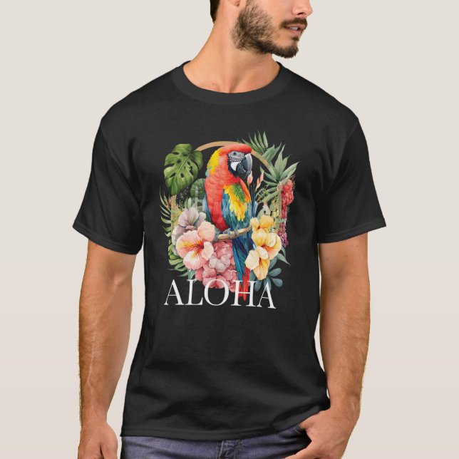 Aloha Parrot Tropical Bird Vacation Beach Flower H T Shirt (Framsida)