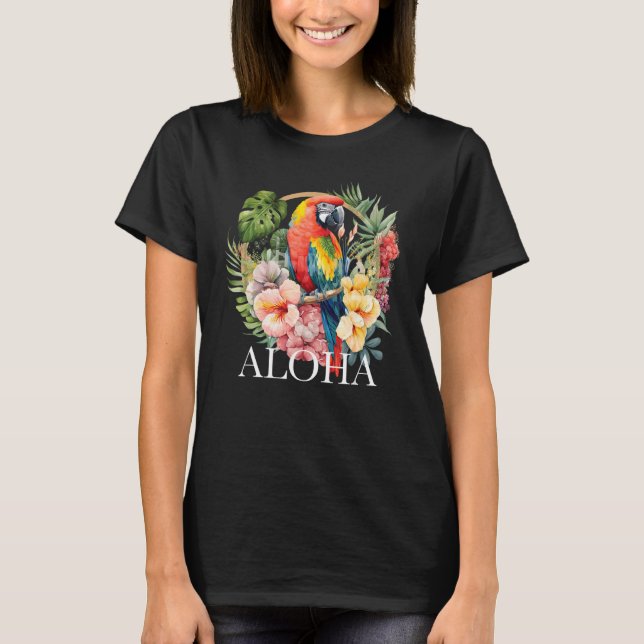 Aloha Parrot Tropical Bird Vacation Beach Flower H T Shirt (Framsida)