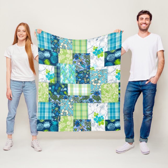 Aloha Patchwork Hawaiian Tropical Prints- Teal Fleecefilt (På plats)