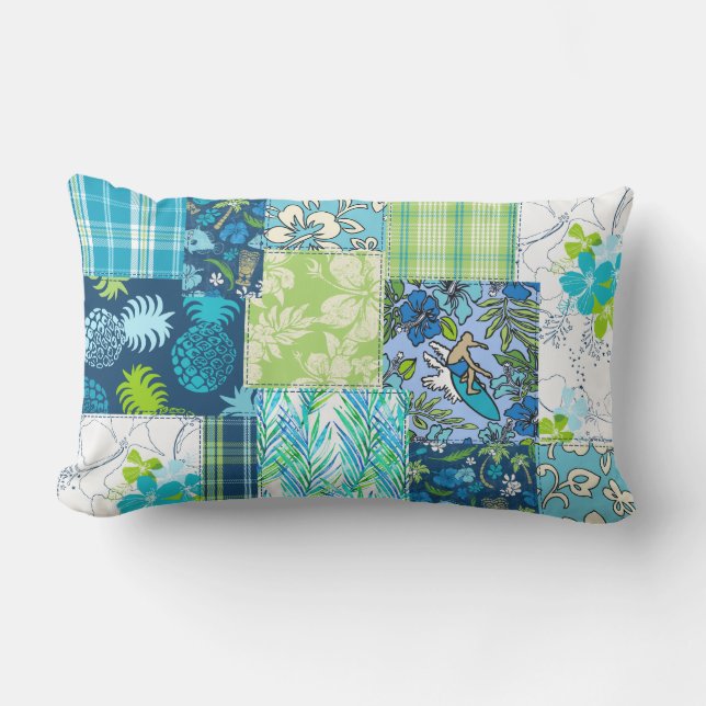 Aloha Patchwork Hawaiian Tropical Prints - Teal Lumbarkudde (Framsida)