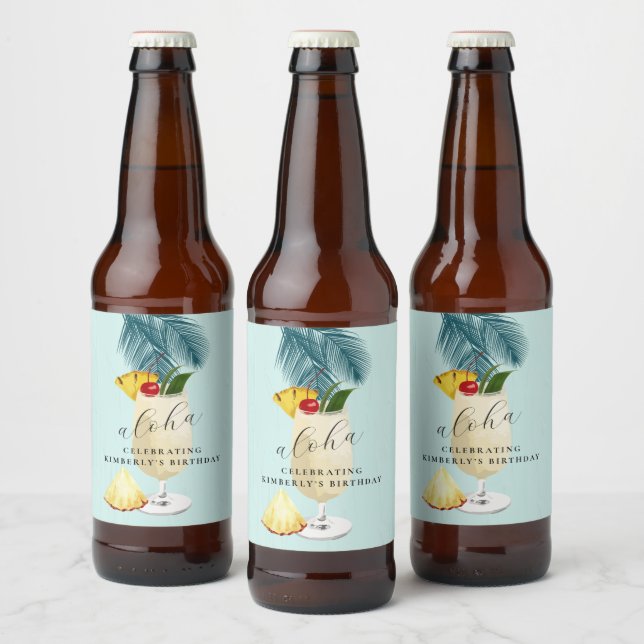 Aloha Pina Colada Grönt Cocktail Födelsedagsfest Ölflaska Etikett (Flaskor)