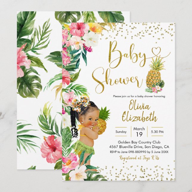 Aloha Pineapple African Girl Shower Inbjudningar (Fram/baksida)