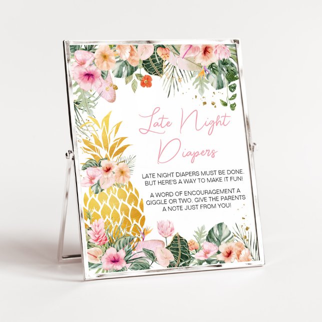 Aloha Pineapple Baby Shower Late Night Diables Poster (Floral Aloha Baby Shower Later Night Diapers Sign)