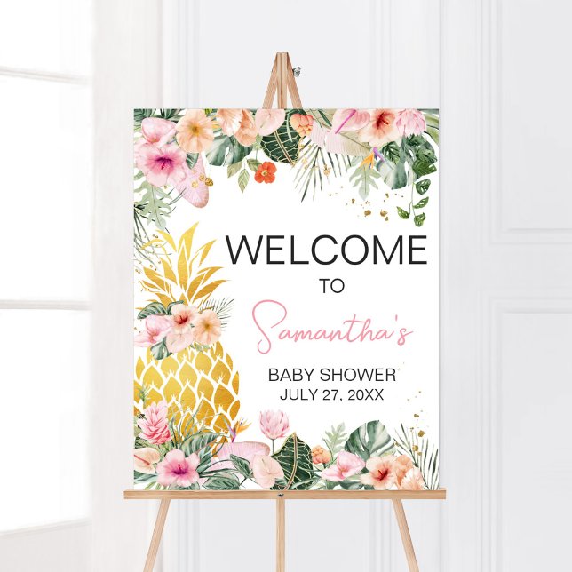 Aloha Pineapple Baby Shower Välkommen Poster (Floral Aloha Baby Shower Welcome Sign)