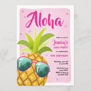 Aloha pineapple Birthday Tropical Luau Hawaii rosa Inbjudningar
