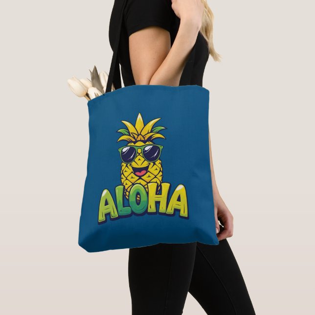 Aloha Pineapple Collection Teal Shoulder Tote Bag Tygkasse (Närbild)