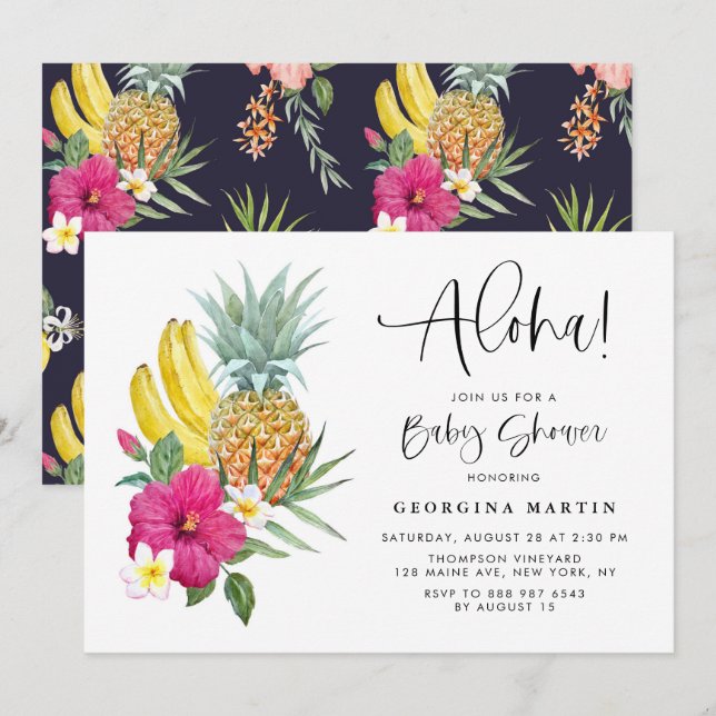 Aloha Pineapple och Hibiscus Tropical Baby Shower Inbjudningar (Fram/baksida)