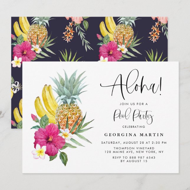 Aloha Pineapple och Hibiscus Tropical Pool Party Inbjudningar (Fram/baksida)