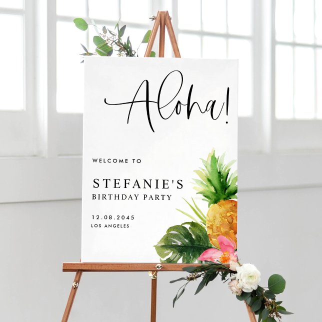 Aloha Pineapple Tropical Birthday Party Welcome Poster (Tropical birthday party welcome sign featuring watercolor pineapple, pink hibiscus and greenery. )