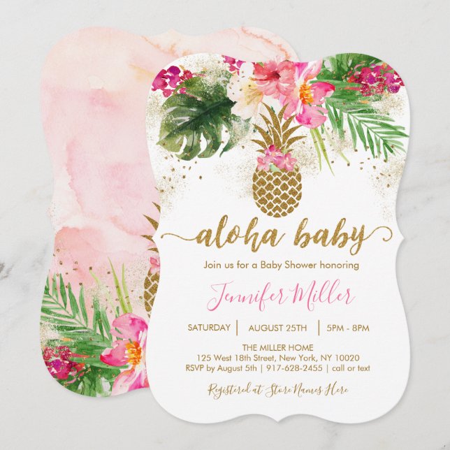 Aloha Pineapple Tropical Blommigt Baby Shower Inbjudningar (Fram/baksida)