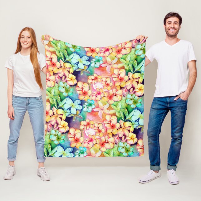 Aloha Plumeria Flowers Watercolor  Fleecefilt (På plats)