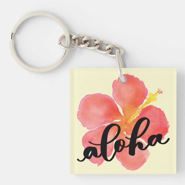 Aloha Red Hibiscus Square Nyckelring Mini (Framsidan)