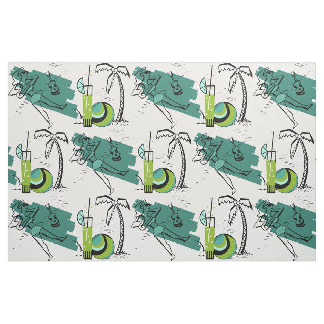 ALOHA: RETRO BEACH GRAPHIC in AQUA and GRÖNT Tyg (Fat Quarter)