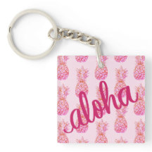 Aloha Rosa Ananas Fyrkantig Nyckelring Mini