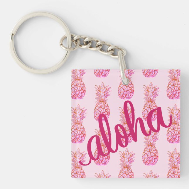 Aloha Rosa Ananas Fyrkantig Nyckelring Mini (Framsidan)