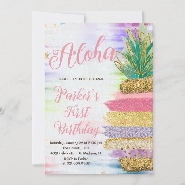 Aloha Rosa Guld Rainbow Pineapple Birthday Inbjudningar (Framsida)