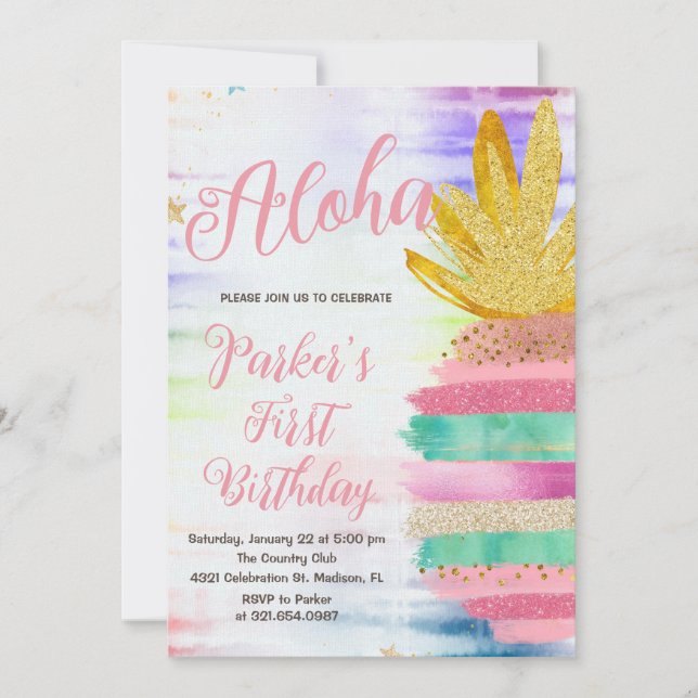 Aloha Rosa Guld Rainbow Pineapple Birthday Inbjudningar (Framsida)
