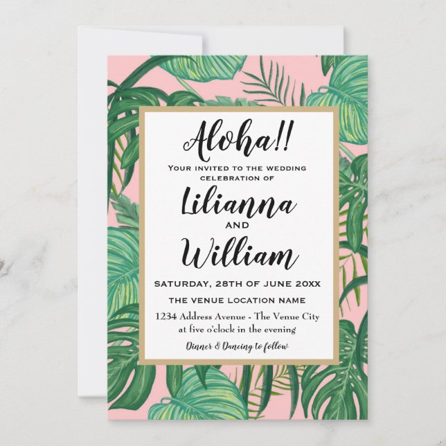 Aloha Rosa Hawaiian Tropical Lövs Beach Wedding Inbjudningar (Framsida)