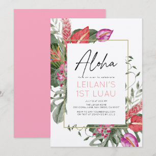 Aloha Rosa & Röd Tropisk Blommig Tjej 1-års Födels Inbjudningar