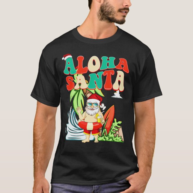 Aloha Santa Surfing Santa i juli T Shirt (Framsida)