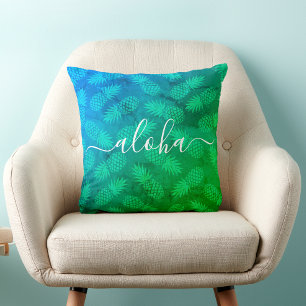 Aloha Script Blue Grönt Pineapple Mönster Tropical Kudde