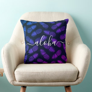 Aloha Script Lila Blue Pineapple Mönster Hawaii Kudde