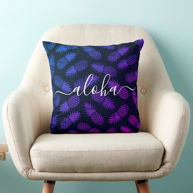 Aloha Script Lila Blue Pineapple Mönster Hawaii Kudde (Skapare uppladdad)