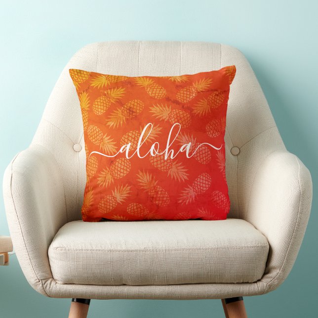 Aloha Script Orange Pineapple Mönster Tropical Kudde (Skapare uppladdad)