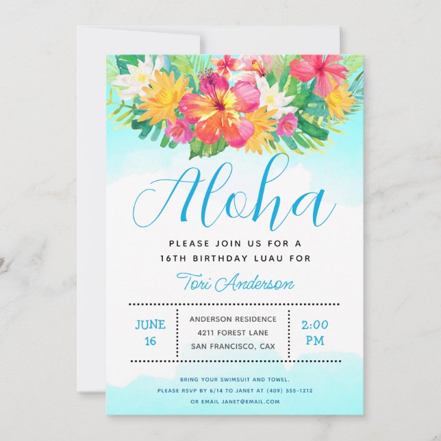 Aloha Script Tropical Birthday Luau Blue Inbjudningar (Framsida)