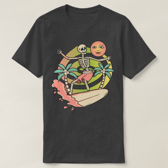 Aloha Skeleton Surfing Surfboard Wave & Måne Grap T Shirt (Design framsida)