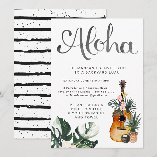 Aloha sommar luau-fest inbjudan (Fram/baksida)