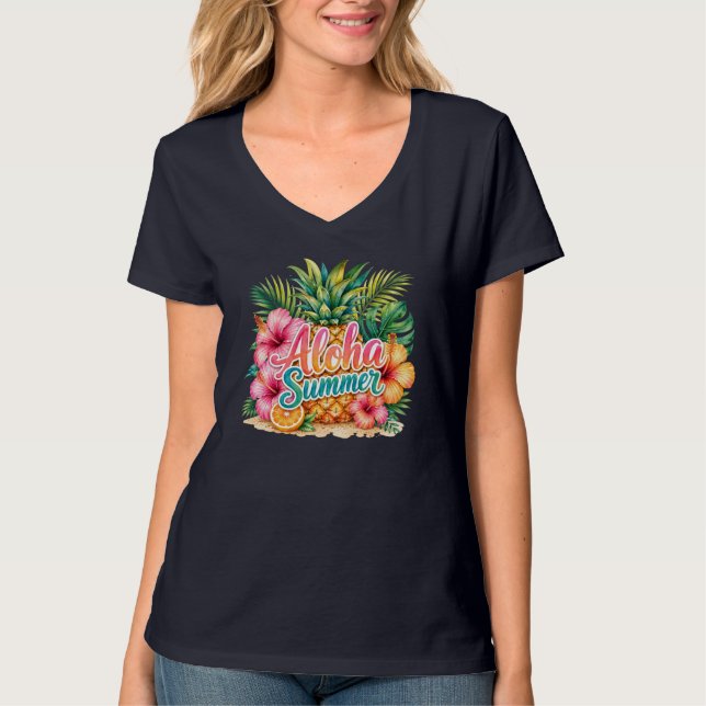 Aloha sommar tropisk ananas hibiskus & citron  t shirt (Framsida)