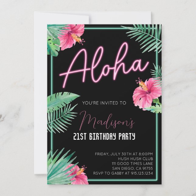 Aloha svart blommig födelsedagsfest inbjudan (Framsida)